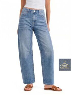 Barrel Cropped High Waisted Straight Leg Denim Jeans